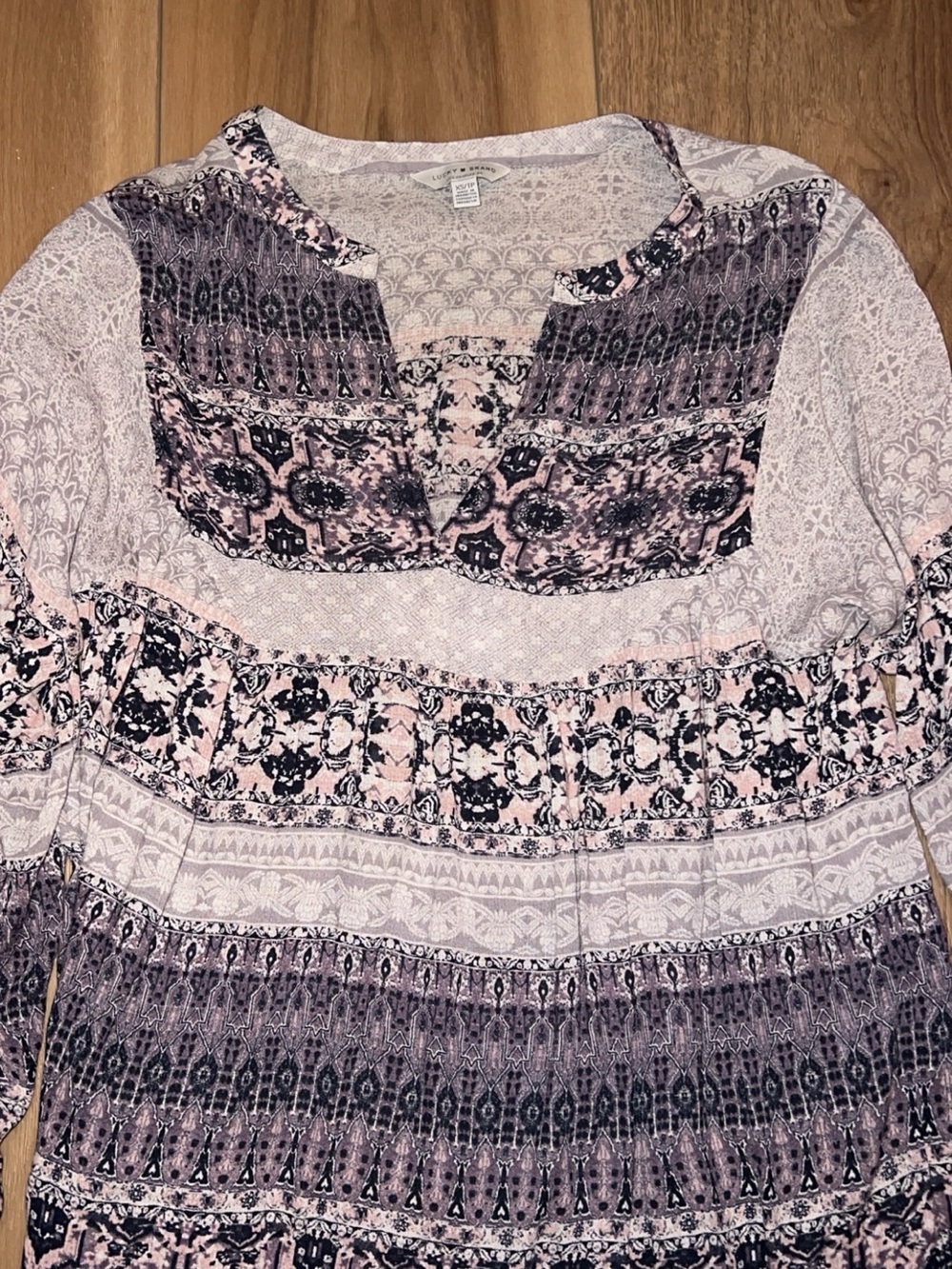 Lucky Brand - Boho Printed Long-Sleeve Peasant Top - White & Black - Picture 3 of 4